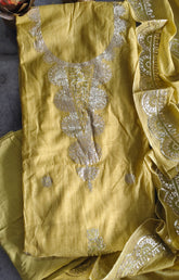 Elegant Mul Chanderi Un-Stitched Suit with Pita & Thread Embroidery Detailing
